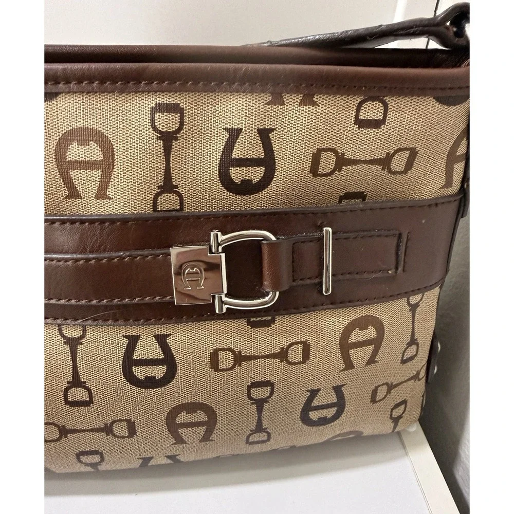 Vintage Etienne Aigner Signature Brown Logo All Over Print Purse Bag
